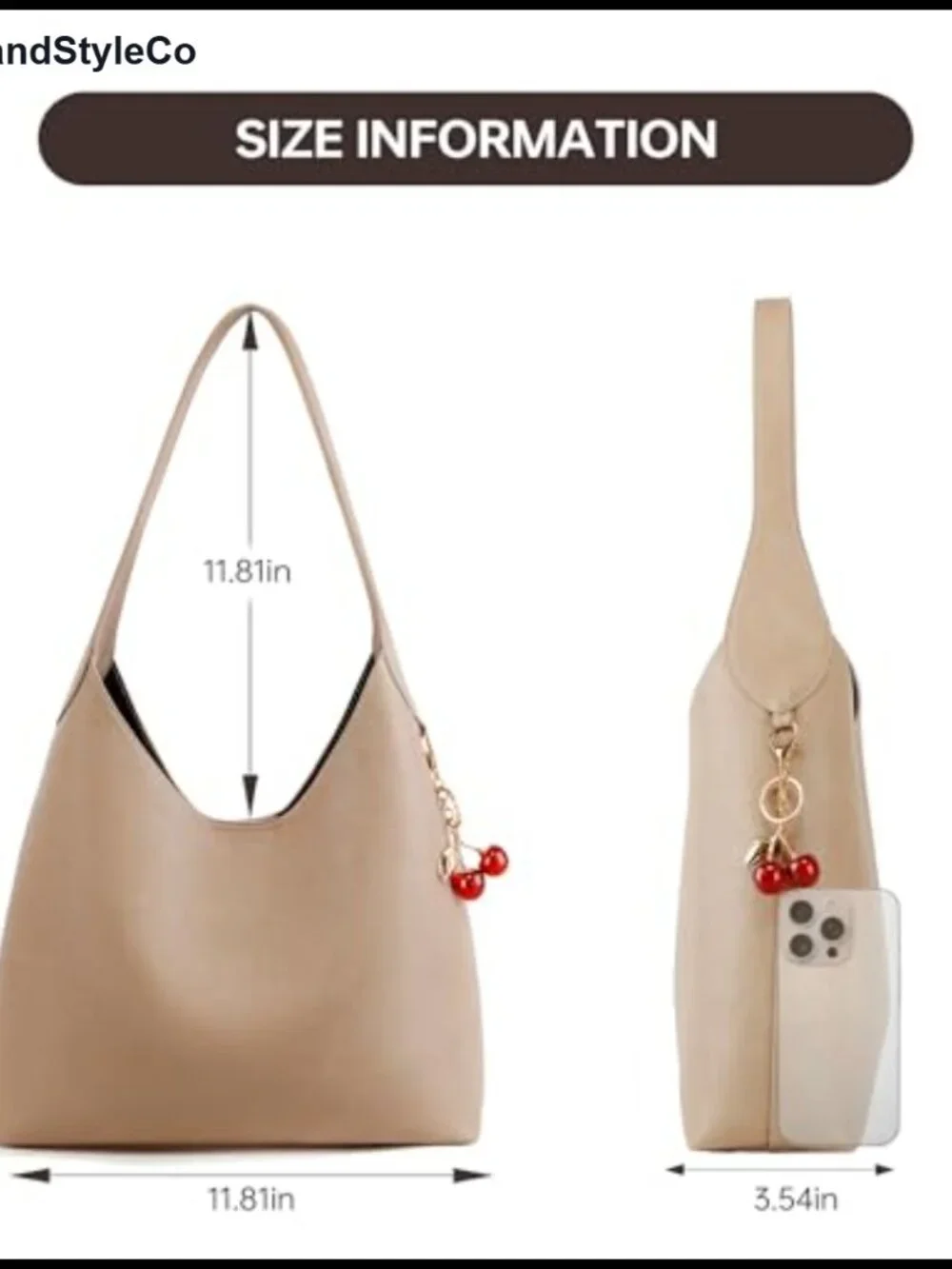 Large Slouchy Hobo Shoulder Bag Vegan Leather Tote with Cherry Charm